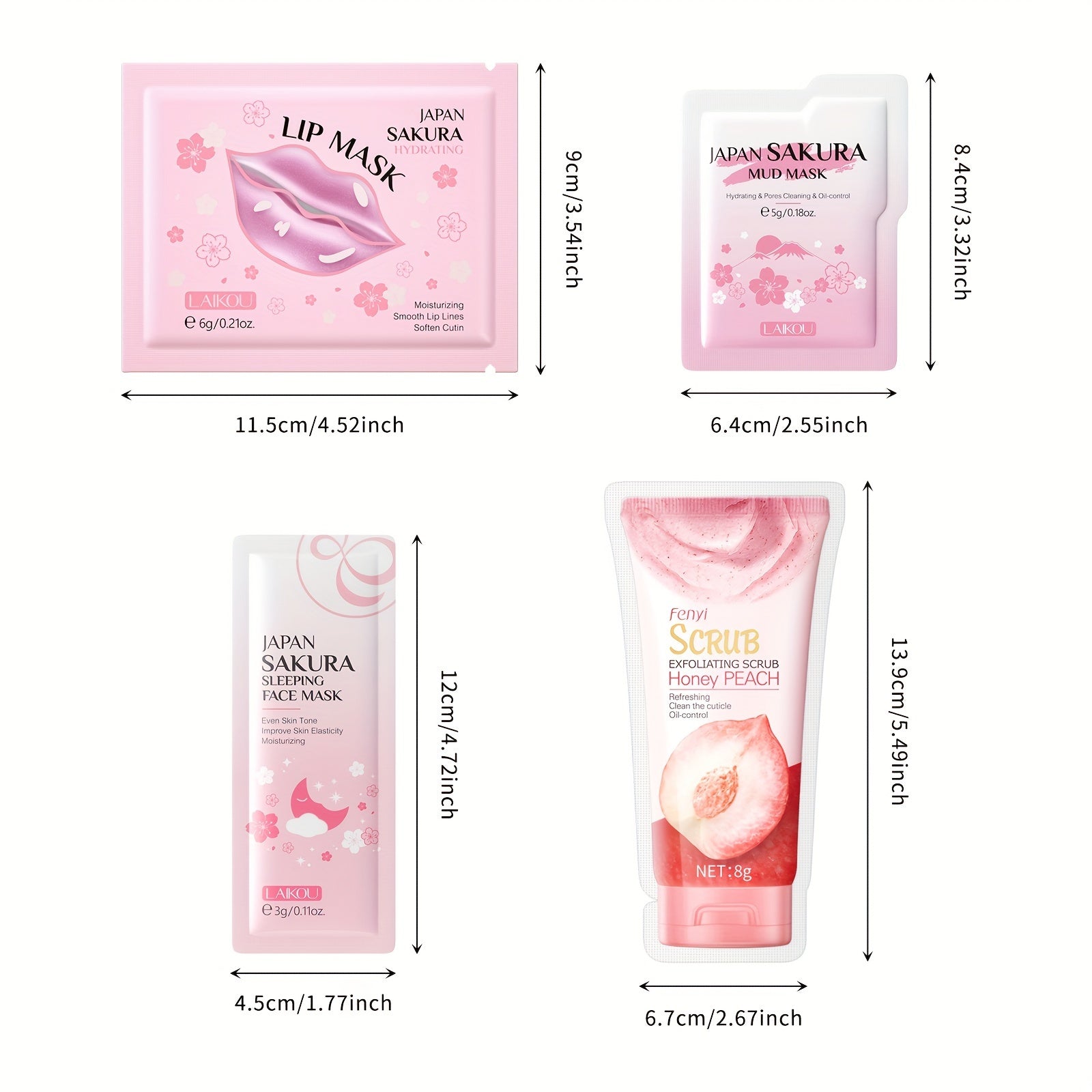 LAIKOU Japanese Sakura Skin Care Set - Unisex Travel Set for Adults (20 Pieces) with Sleeping Mask, Lip Mask, Mud Mask and Exfoliating Scrub - For Combination Skin, Moisturizing, with Glycerin, Formaldehyde-Free