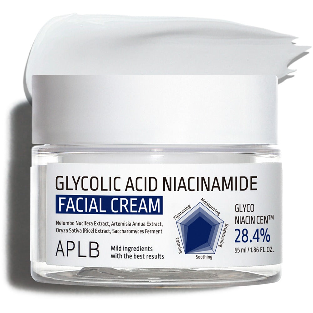 APLB Glycolic Acid Niacinamide Facial Cream: pleťový krém s kyselinou glykolovou a niacinamidem pro jemnou exfoliaci, sjednocení tónu pleti a hydrataci. Korejská kosmetika dostupná v Praze a celé České republice