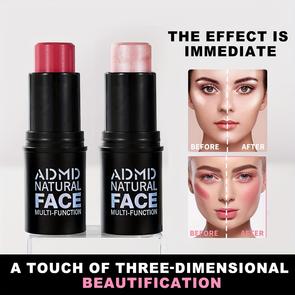 AIDM Natural Face Multifunction Stick Blush - Waterproof brightening blush for all skin tones, full coverage, natural effect, multifunctional stick for highlighting and contouring, Berry shade