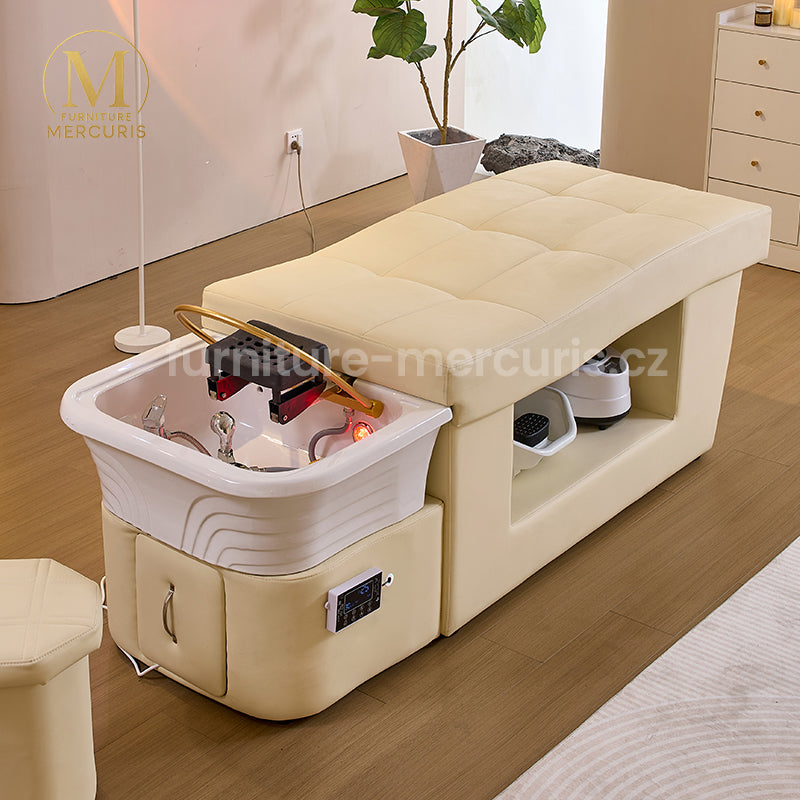 Moderní multifunkční SPA lehátko (head spa lehátko, head spa bed, shampoo bed) s keramickým mycím umyvadlem, LED osvětlením a funkcemi masáže, ohřevu a parní terapie. Oficiální záruka, servisní centrum v Praze, expresní opravy do 24 hodin. Mercuris