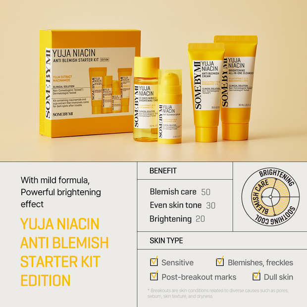 SOME BY MI - Anti-Blemish Starter Kit with Yuja and Niacinamide [Renewed Version - 4 Pieces]